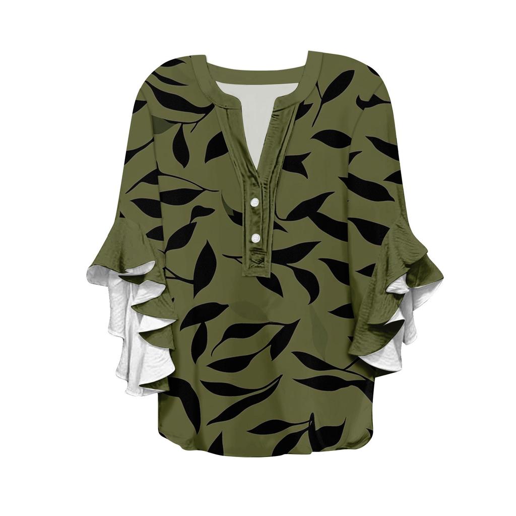 Women's Summer Tops V Neck Three-quarter Sleeves Floral Print Flowing Ruffle Sleeves Half-button Shirt