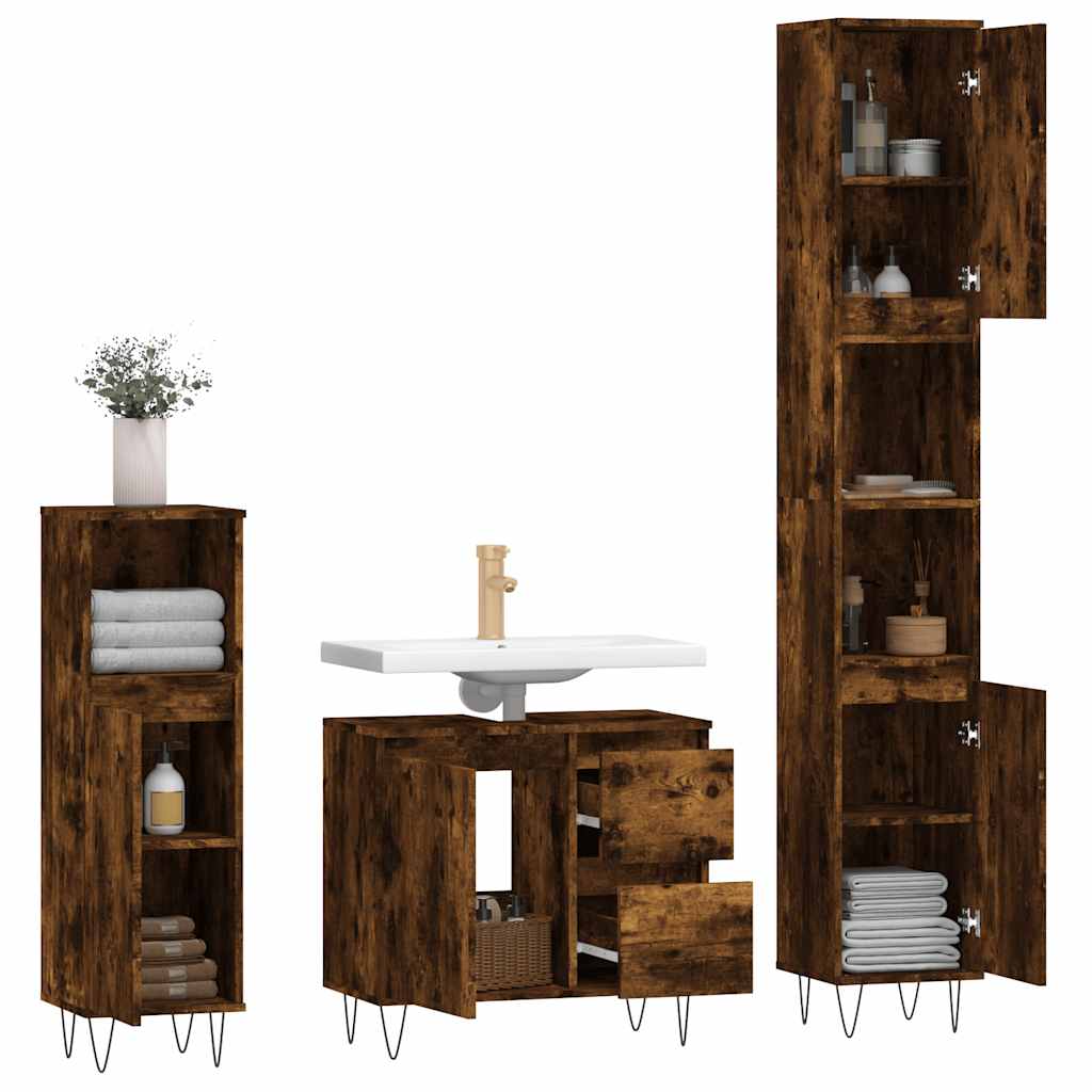Vidaxl 3-Piece Bathroom Furniture Set, Smoked Oak