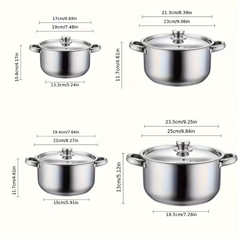 4-piece Stainless Steel Cookware Set, Comprising 4 Pans and 4 Lids, Suitable for All Hobs, Versatile Soup Pots, Ideal for Kitchen Use Less