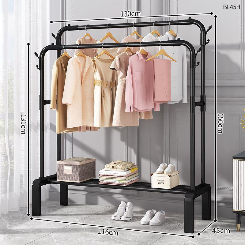 Plastic Floor-Standing Balcony and Bedroom Clothes & Hat Rack, with Folding Drying Pole and Storage.