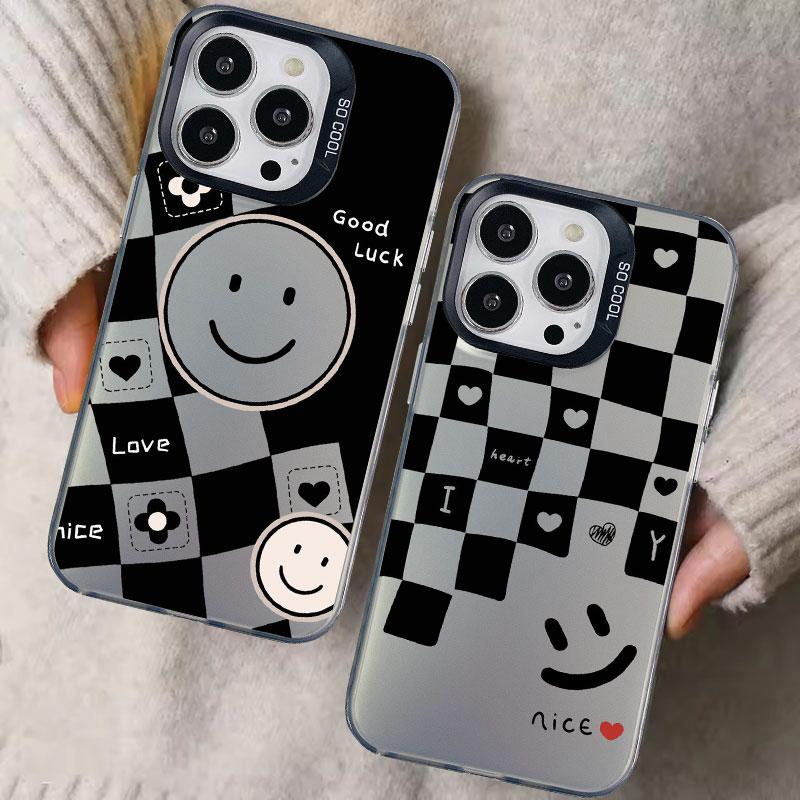Black And White Plaid Print Smiling Face Laser Phone Case for iPhone 15 14 Pro Max Plus 16 17 Pro Max 13 12 Mini 11 Pro Max Case
