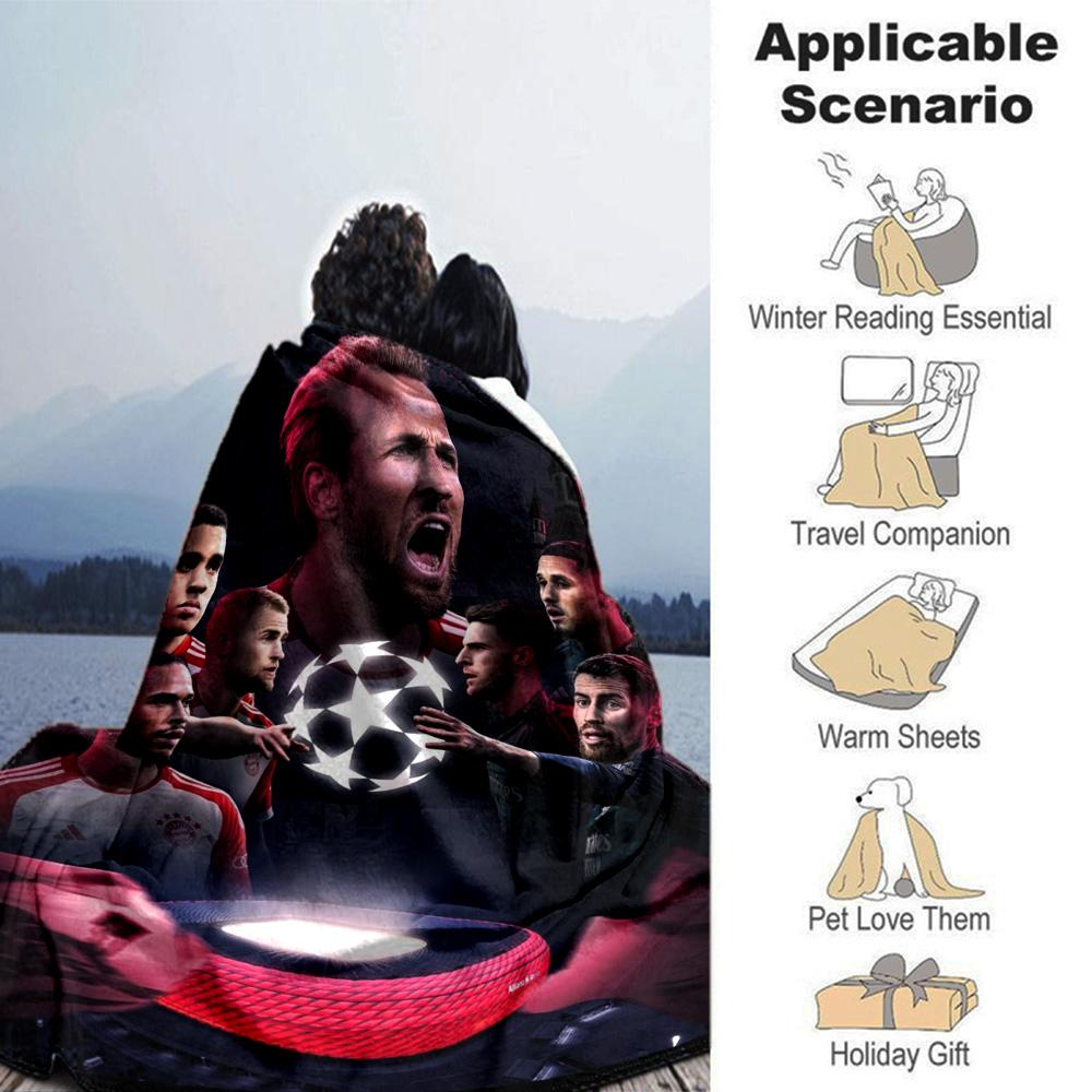Football Team Star Player Collage Champions League Print Flannel Blanket Dark Background Soft Throw Blanket Soccer Fan Man Cave Decor