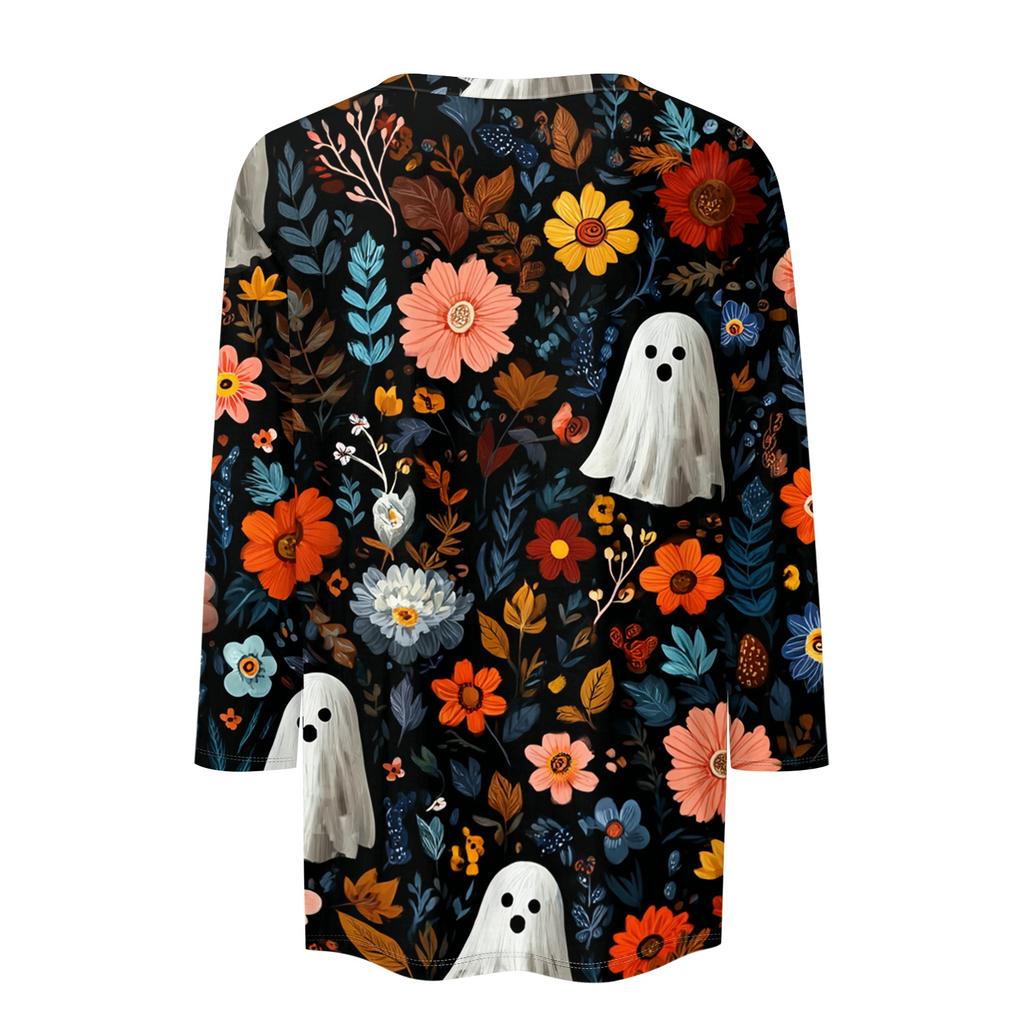 Women’s Casual Halloween Print Crew Neck Three Quarter Sleeve Floral Pattern T Shirt Top for Daily Wear Holiday Party