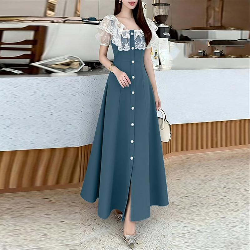 ZANZEA Women Lace Patchwork Round Neck Casual Short Sleeve Long Dress