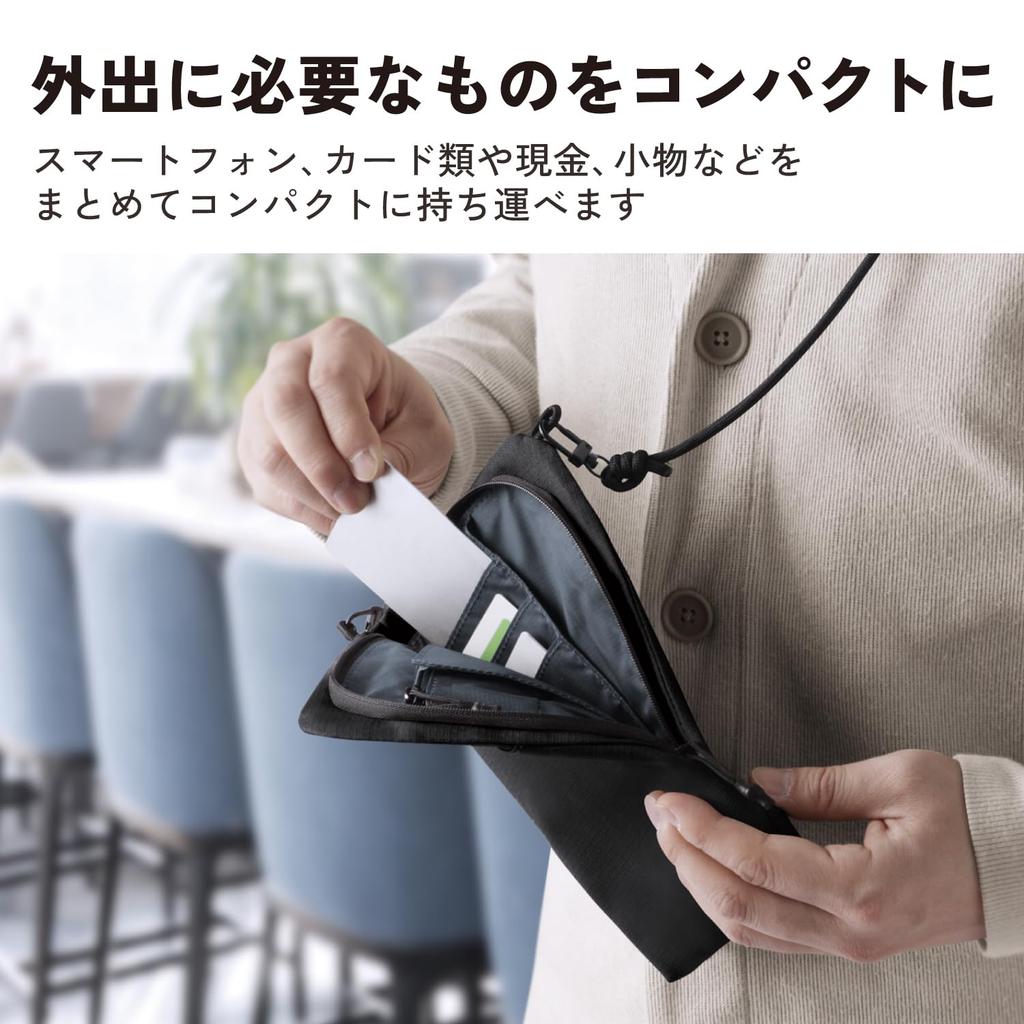 ELECOM Smart Smartphone Karten Münzen Scheine Schwarzes Täschchen, Beutel, Mehrere Taschen, Tasche, Tasche, Fach, Schlüsselanhänger, P-CLSPB01BK