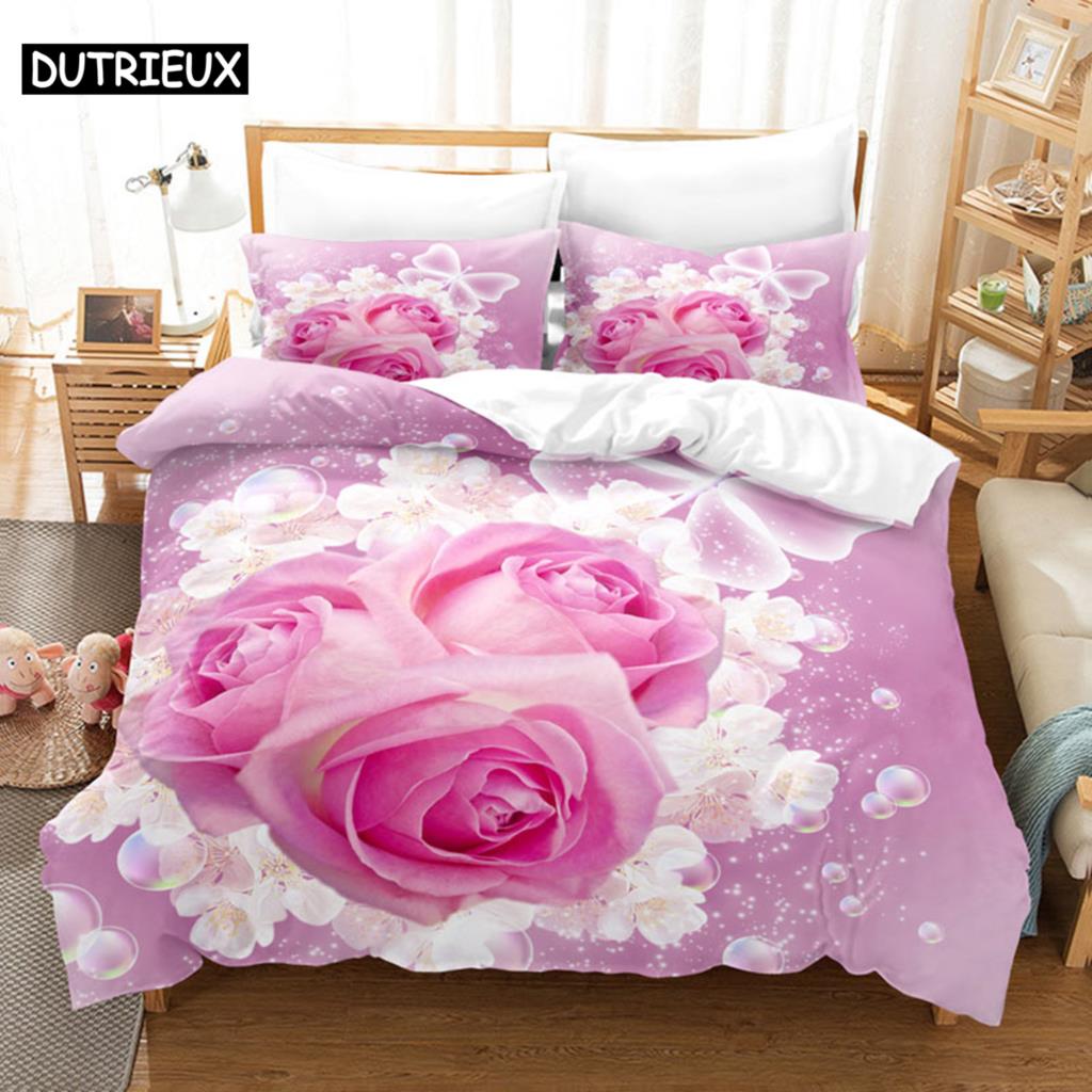 Comforter Pink Rose Bedding Set Linens Quilt Comforter 3D Pillow Case Double Full King Queen Twin Single 3Pcs 2Pcs Home Texile