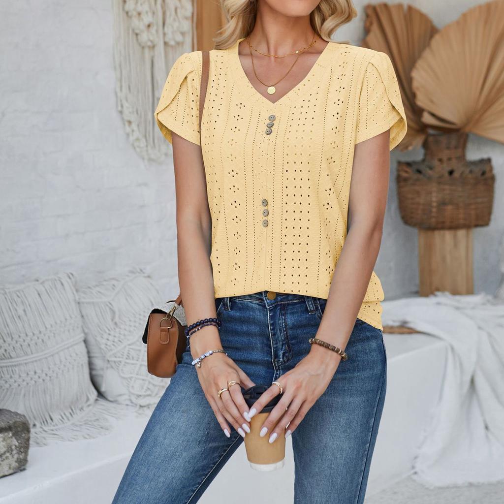 Women's Fashion V-neck T-shirt Court Lock Hollow Short-sleeved Casual Tops