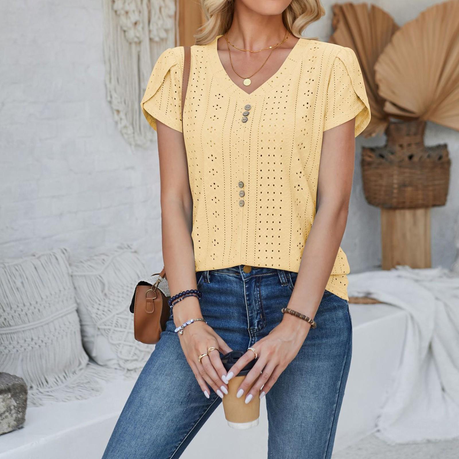 

Womens Spring Tops Eyelet Short Sleeve V Neck Button Summer Shirts for Women Casual Blouse Womens Summer Shirts XL жовтий