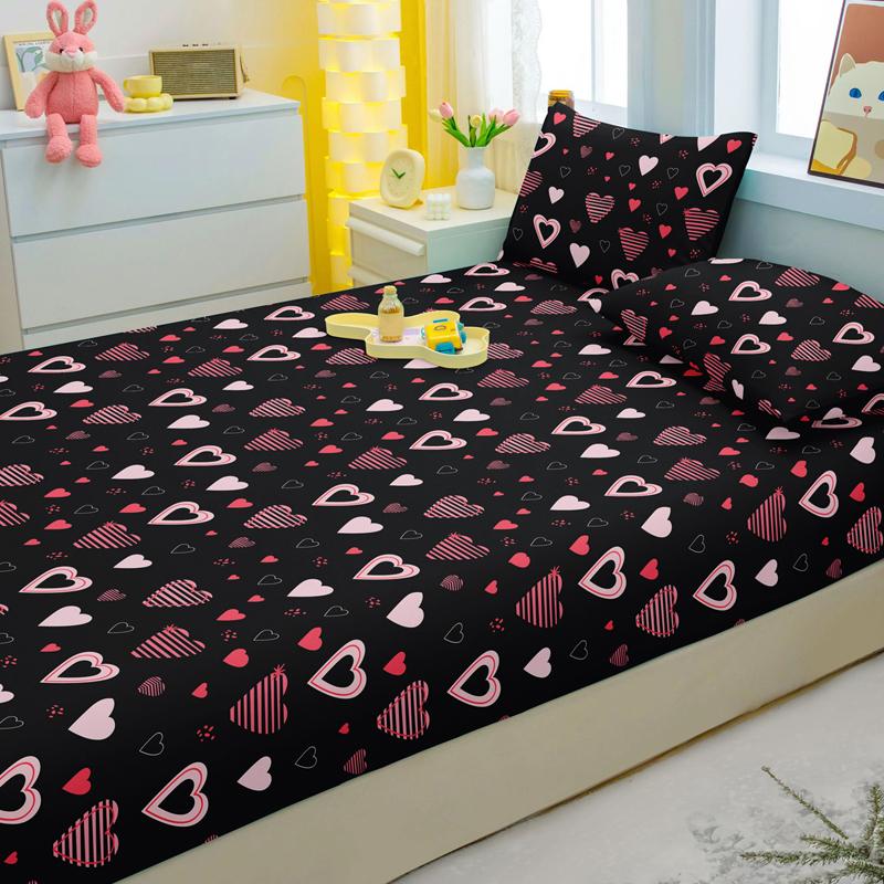Simple 1 Modern Heart-Shaped Printed Matte Fitted Sheet, Bedroom Printed Bed Cover, Bedding Excluding Pillowcases