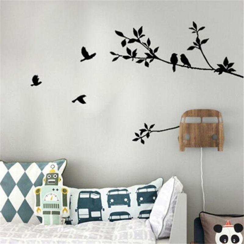 60*24cm Birds Tree Branch Leaves DIY Art Wall Stickers Removable Vinyl Living Room Decal (Color: Black)