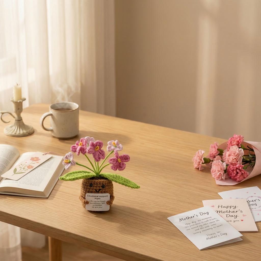 Stickade Blommor, Krukväxter, Färdiga Produkter, Garn, Konstgjorda Blommor, Skrivbordsdekorationer, Handhållna Kortdockor