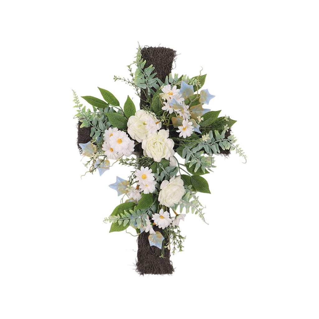 Easter Cross Simulation Flower Wall Hanging Wreath, Artificial Flower Decoration, Easter Farmhouse Front Door Decorations