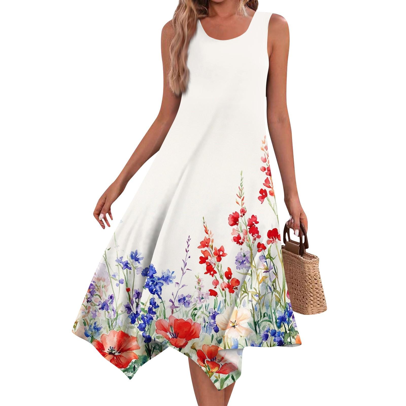 Women s Sleeveless Floral Print Summer Dress, Casual Loose Fit Beach Sundress with Handkerchief L