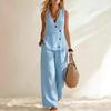 Women's Summer Sleeveless 2 Piece Outfits Button Down Tank Top And Wide Leg Pants Casual Loungewear Matching Sets