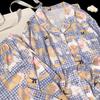Cute Bear Riding Wooden Horse Women Pajamas Ins Blue White Plaid Cartoon Print Homewear Spring Milk Silk Lounges