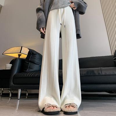 Novas linhas retrô de outono e inverno com calças largas de malha com cordão macio e pegajoso, calças versáteis para esfregar o chão para mulheres