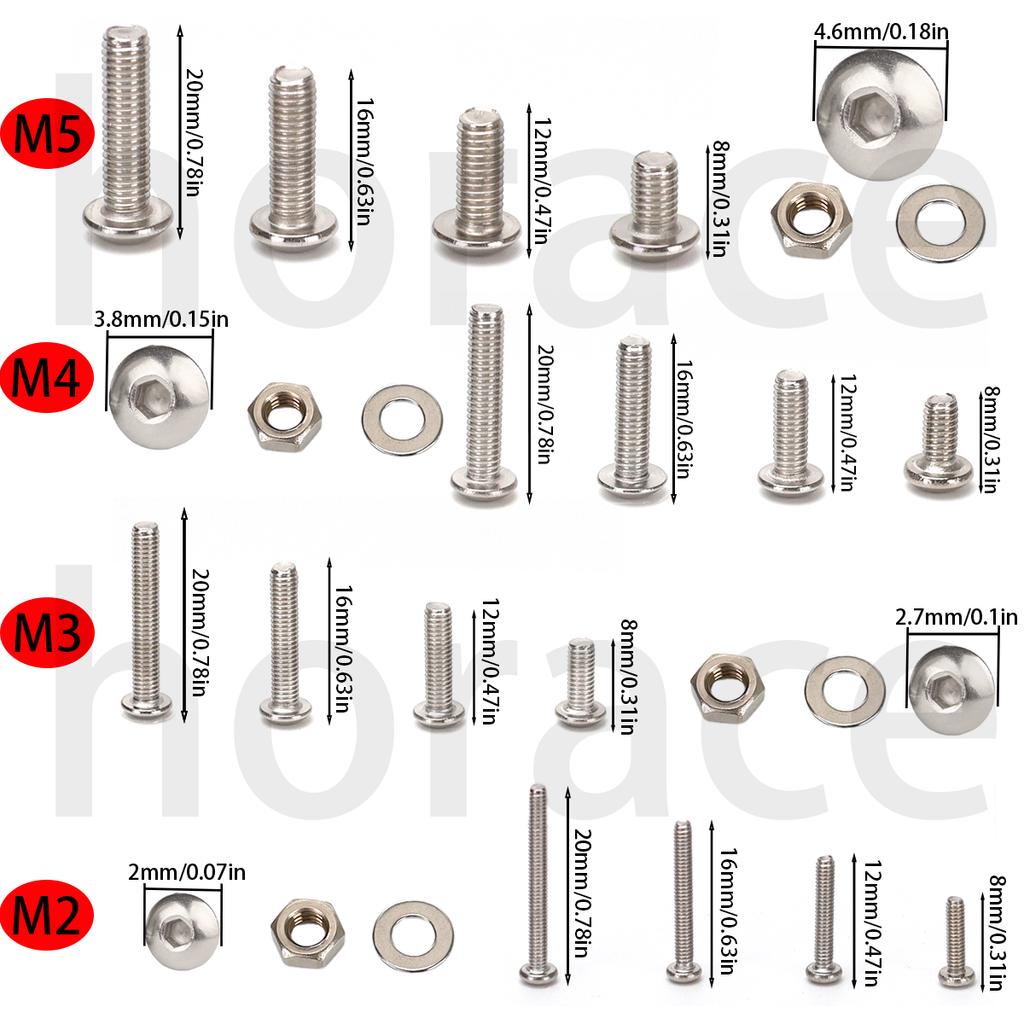 880pcs-stainless steel round cup hex bolt, nut, and washer set - M2-M5 sizes, includes hex wrench, suitable for DIY and repair.
