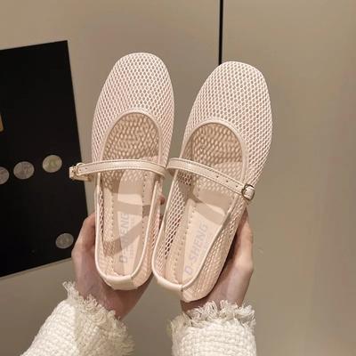 Modne siateczkowe buty Mary Jane dla kobiet 2025 Wiosna Nowe niszowe okrągły nosek płytkie wycięcie płaskie buty baletki damskie sandały