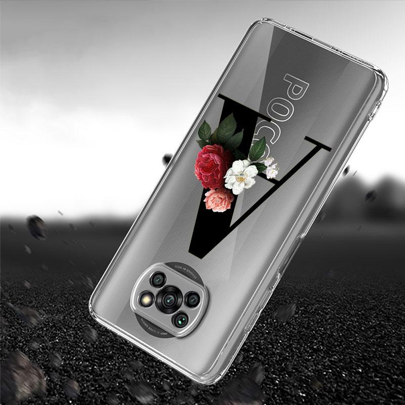 Transparente Hülle für Xiaomi Mi Poco X3 NFC M3 Pro F3 F1 11 Lite 12 Redmi Note 10 9S 8 7 9 Weiche Handyhülle Buchstaben DIY Blume