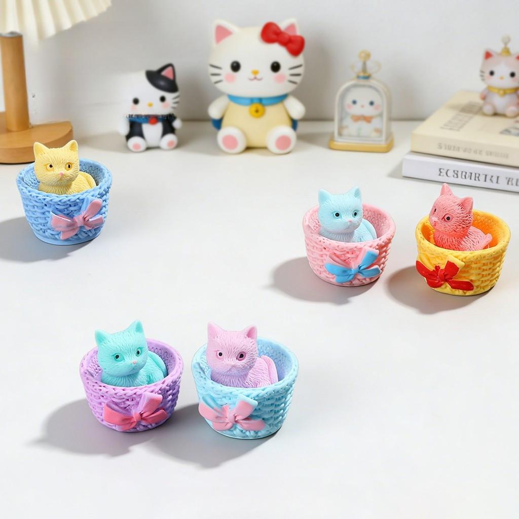 5Pcs Multicolors Basket Cat Animal Miniatures Resin Ornaments DIY Fairy Garden Decoration Moss Terrarium Micro Landscape