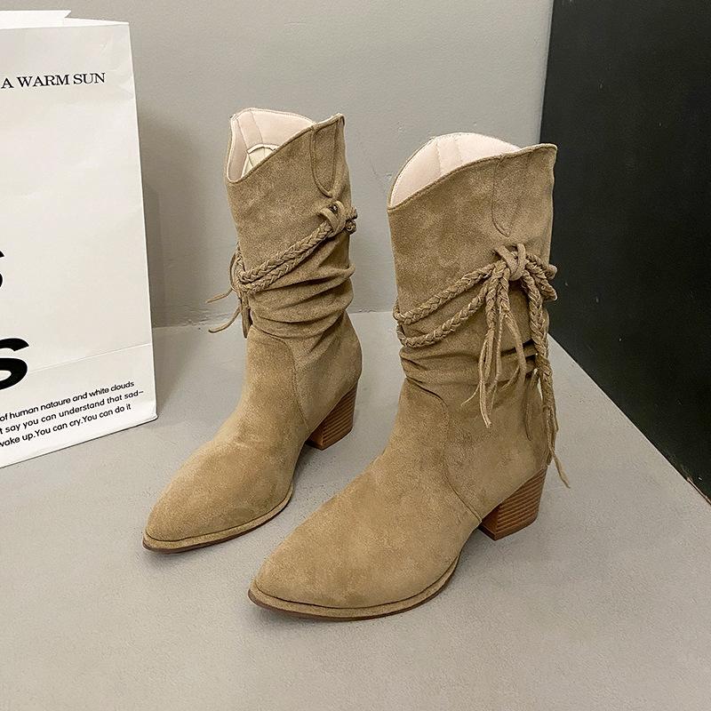 

Ретро Пустошь Ветер Ботинки Женские 2025 Осень Новые Синьцзян Западные Рыцарские Сапоги Но До Колена Кисточки Наборные Сапоги 41