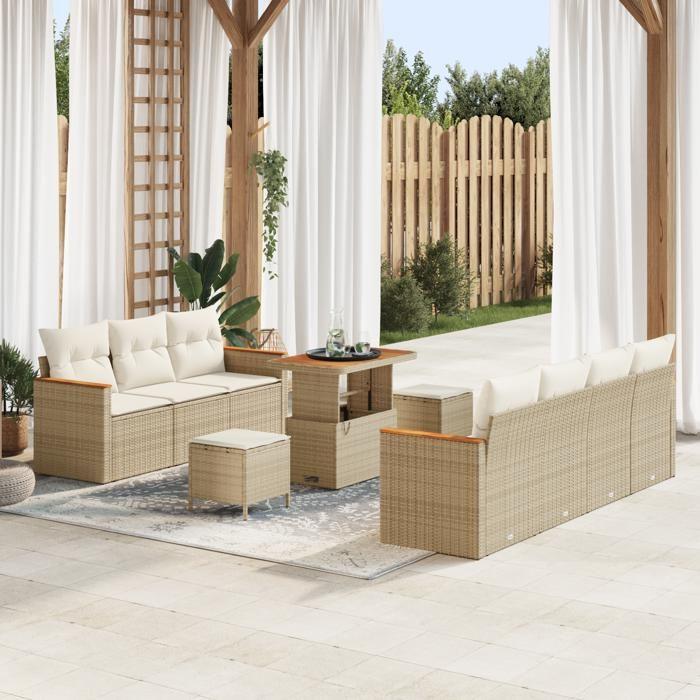 Ensemble de 10 Pièces de Canapés de Jardin avec Coussins Beige Rattan Poly Acacia, Ensemble 3 Pièces de Salle à Manger 3364961