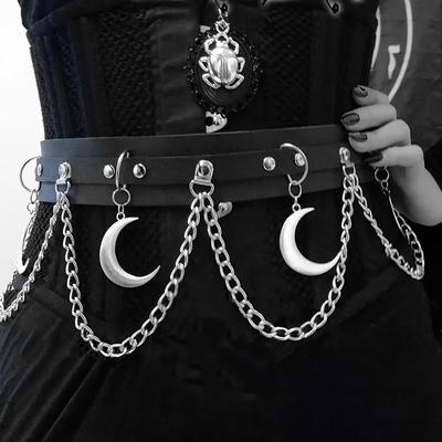 Mondanhänger Kette Fransen Goth Gürtel Punk Schwarze PU Ledergürtel Vintage Taillenband für Frauen Mädchen