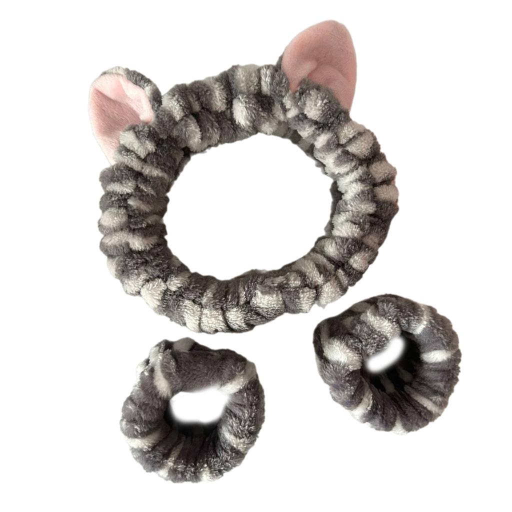 1set Elastic Women Shower Hairband & Wristband Cute Kitten Plush Face Wash Hairband Home Makeup Headband Wristband