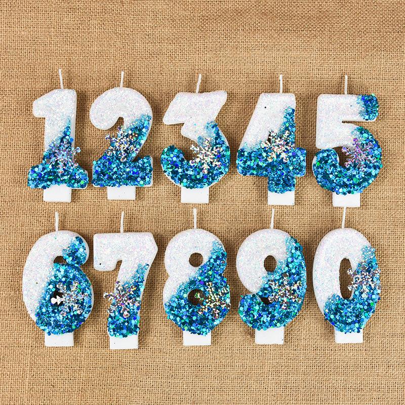 0-9 Numbers Snowflake Cake Candles Birthday Frozen Glitter Candle Princess Girls Birthday Party Cake Topper Decoration Christmas