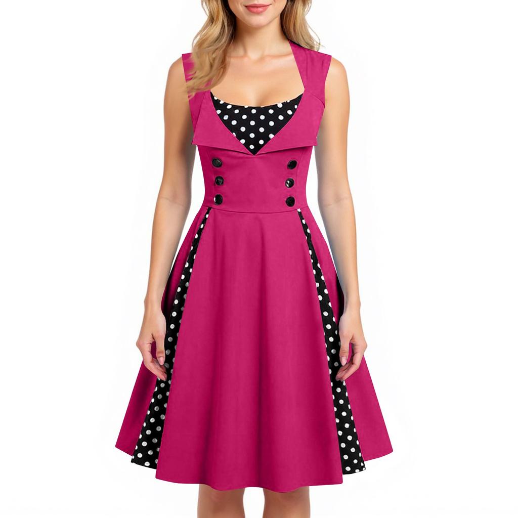 Women's Retro Fitted Sleeveless Polka Dot Print Dress For Performance