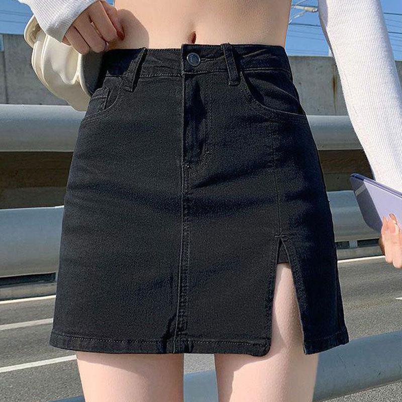 

Черная эластичная джинсовая мини-юбка А-силуэта с разрезом и высокой талией для женщин - Облегающий стиль с защитой от просвечивания L