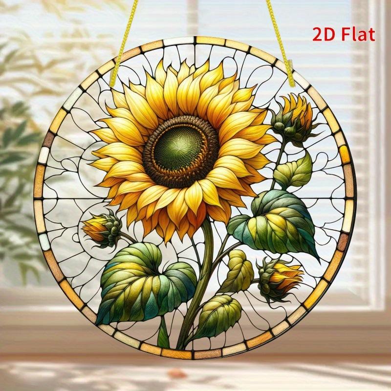 Sunflower Sunset Mountain Scenery Sun Catcher Stained Round Acrylic Hanging Decoration Suitable for Window Suncatcher Door, Four Seasons Decoration