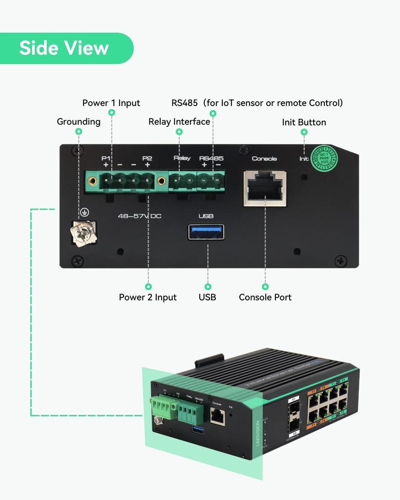 LINOVISION 1000Mbps L2 Management BT90W Total POE Budget Support Industrial Design 8-port POE, Switch, 2-port 1G/2.5GSFP, 4-port POE, 360W, 2-layer