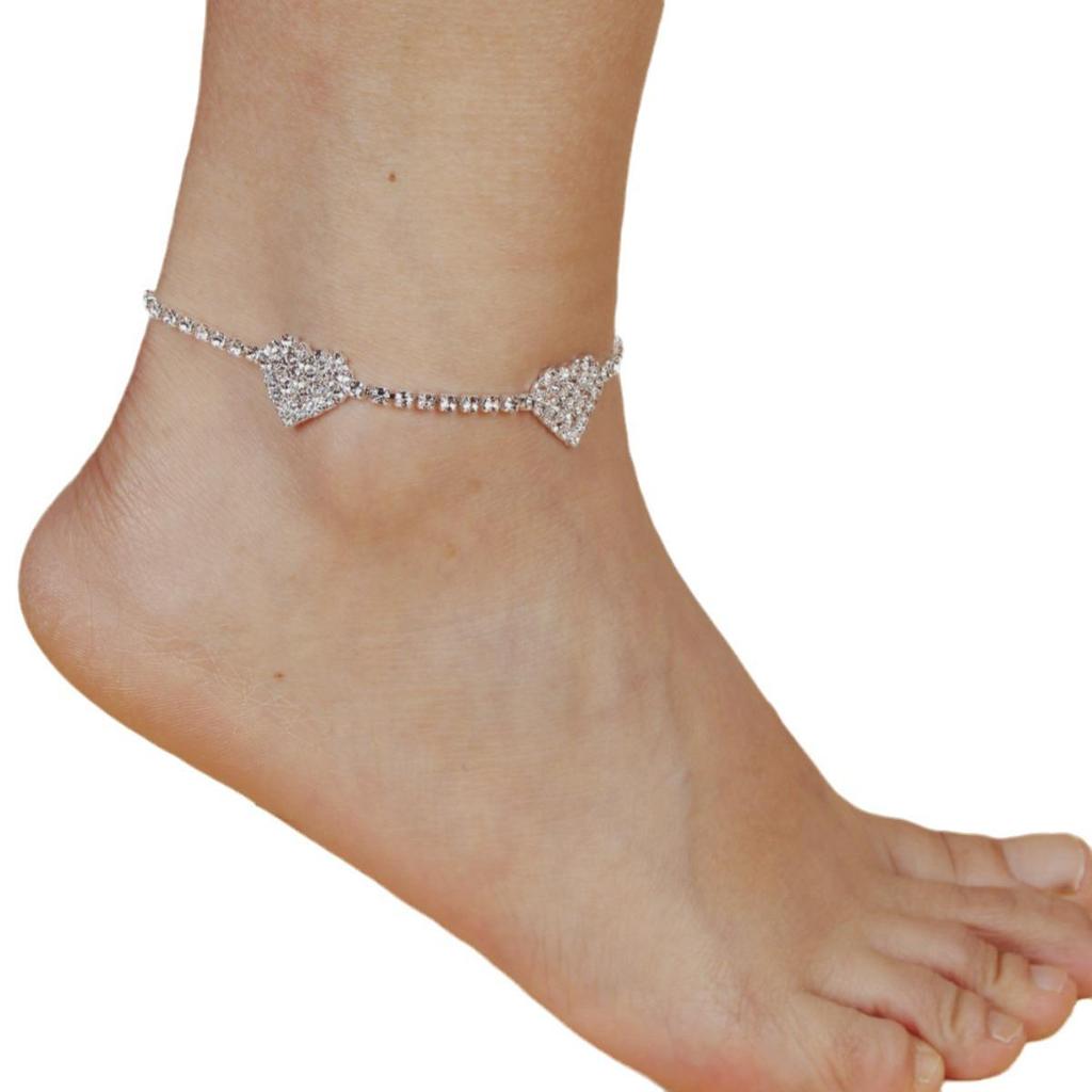 New Double Heart Copper Claw Set Diamond Chain Anklet: European-American Hot-Selling Rhinestone Foot Jewelry