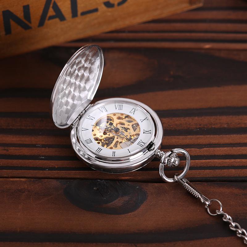 Double-Sided Heavy Chain Skeleton Pocket Watch, White Dial with Roman Numerals and Mineral Crystal, Large Size (2009)