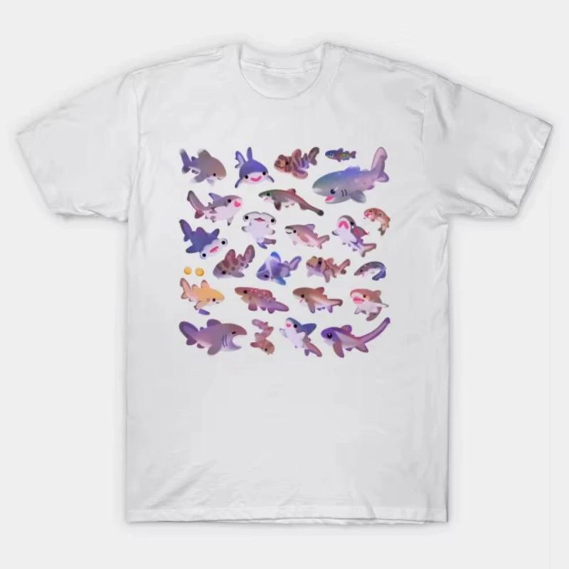 2026 Women T-Shirt Gothic Print Tshirt Men Harajuku Streetwear Top Shark Faces Classic Shirt Funny Sharks Marine Life Lover Gift