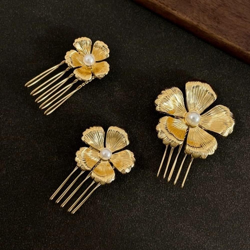 Fashion Pearl Flower Hair Comb Gold Side Clip Court Style Hairclip Alloy Hair Accessory For Women