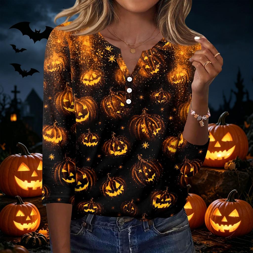 Women's Casual Halloween Print V Neck Button Three Quarter Sleeve T Shirt Top Lightweight Comfortable Fit Seasonal Graphic Tee