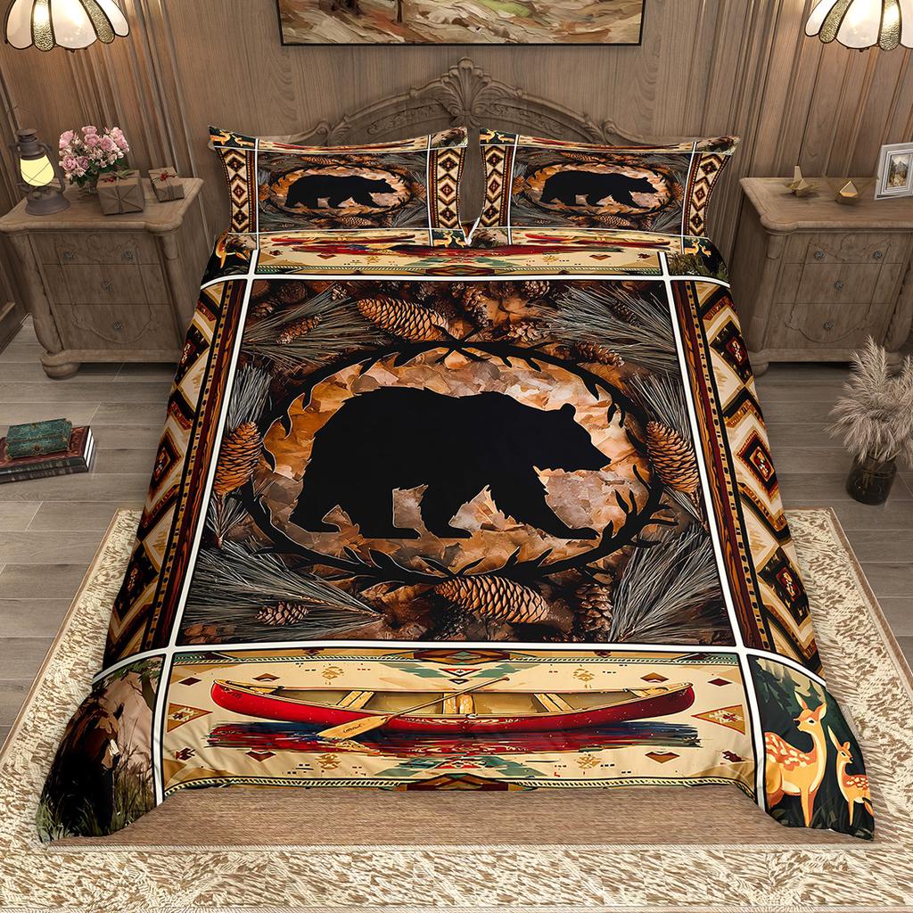 Homewish Rustic Farmhouse Lodge Cabin Duvet Cover Set 2pcs/3pcs, Moose Deer Bear Bedding, Woodland Animal Comforter Cover Set
