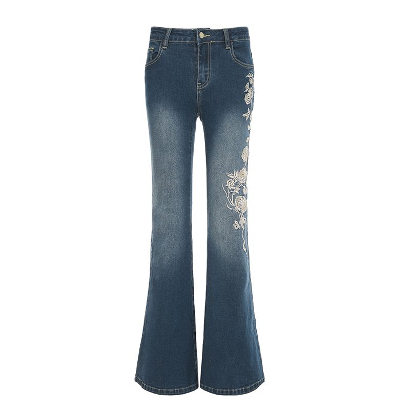 H's European and American Women's Clothing Millennium Retro Thorn Rose Embroider Washed Denim Women's Tight Blue Bell-Bottom Pants Tide