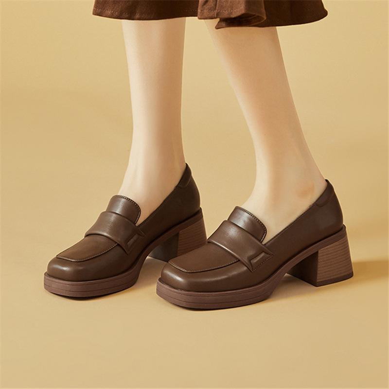 Black small leather shoes women's autumn new thick heel high heel one pedal casual versatile single shoes women