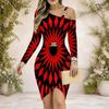 Women Plus Size One Shoulder Chain Strap Long Sleeve Printed Asymmetrical Hem Bodycon Dress