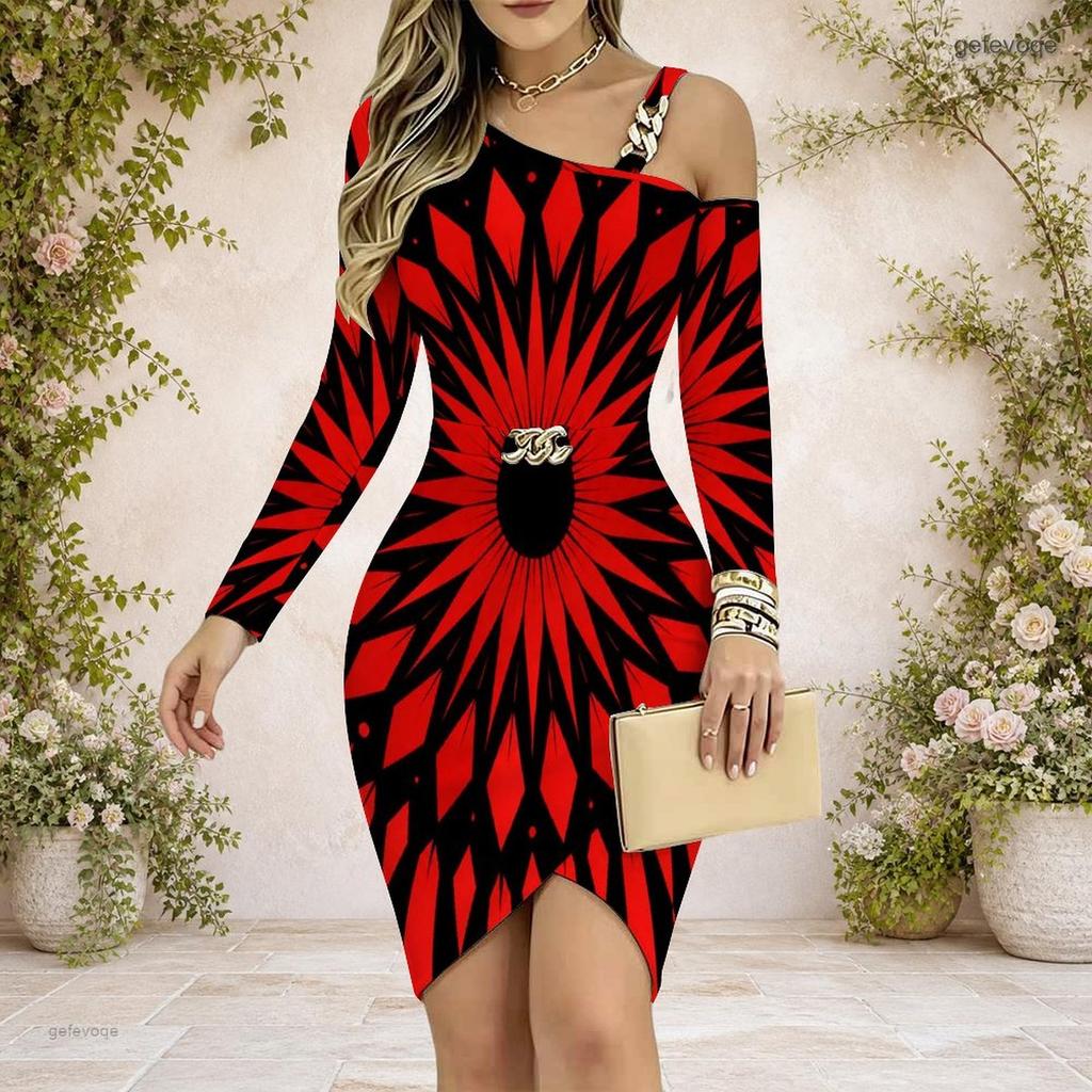 Women Plus Size One Shoulder Chain Strap Long Sleeve Printed Asymmetrical Hem Bodycon Dress