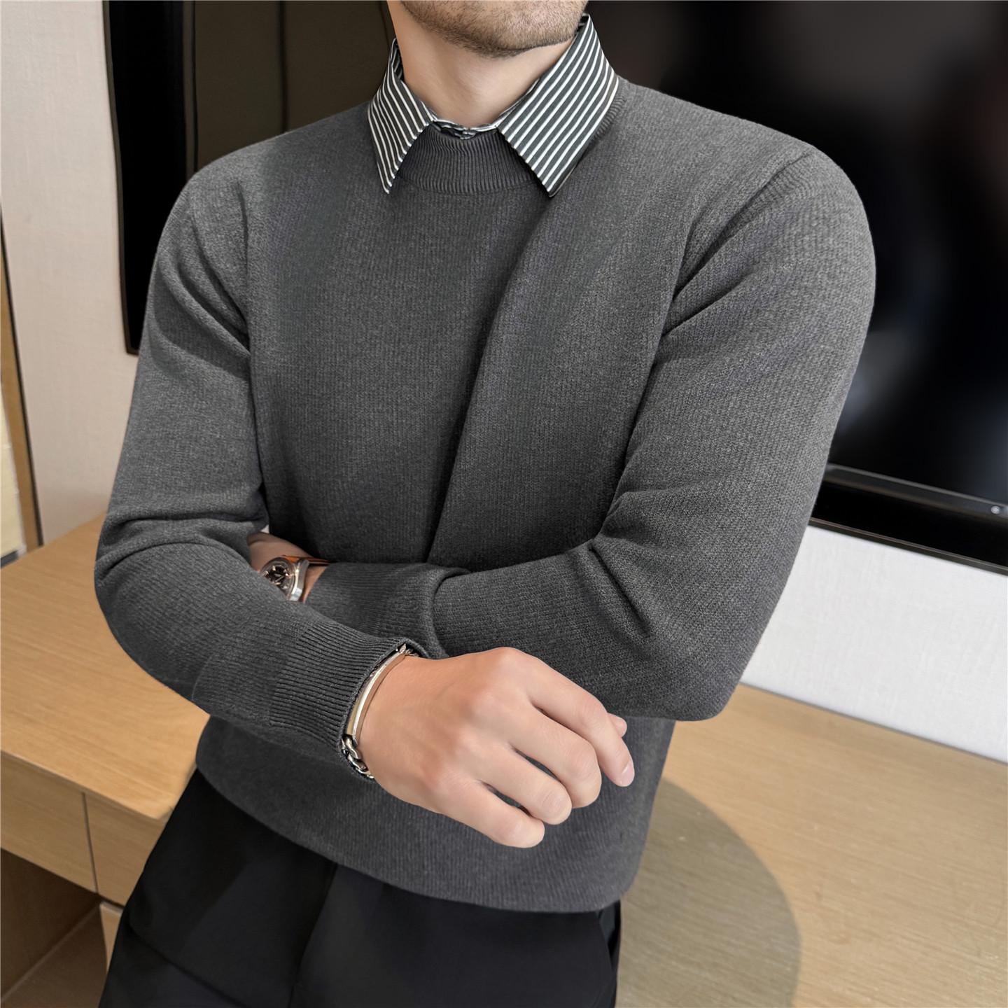 

Men s Striped Collar Sweater with Tencel Fabric and Wool-Knit Base Layer. 3XL сірий колір