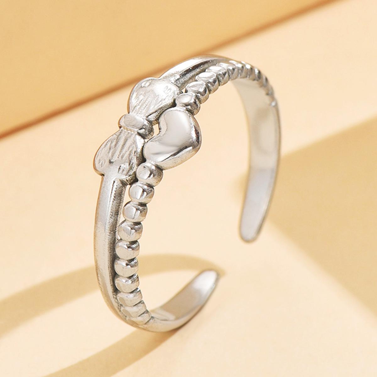 Adorable Heart-Shaped Bow Gold-Plated Stainless Steel Adjustable Ring for Women