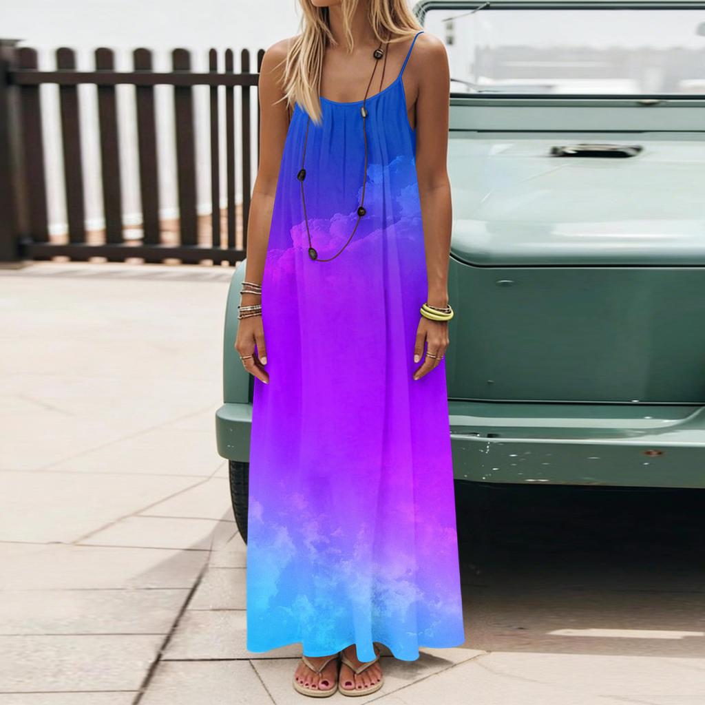 Dámské Módní Ležérní Volné Šaty s Květinovým Potiskem a Úzkými Ramínky Bez Zad