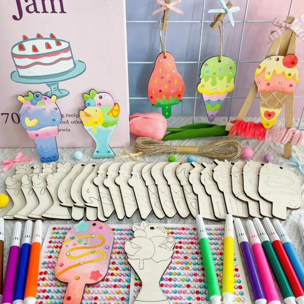 Handmade Ice Cream Graffiti Kit Wooden Ice Cream Pendant Hand Drawn DIY Graffiti Set Decorations