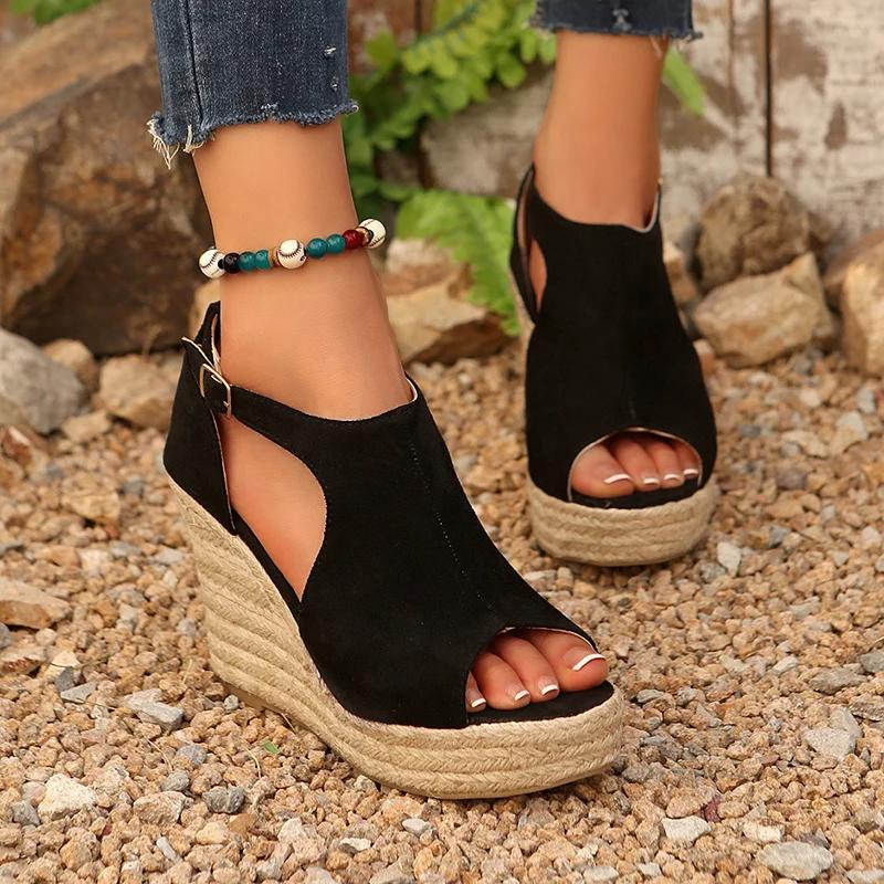 Fashion Vintage Cover Heel High Heel Sandals for Women Fashion Flock Open Toe Sandal Woman Plus Size Anckle Strap Wedge Sandalias Mujer