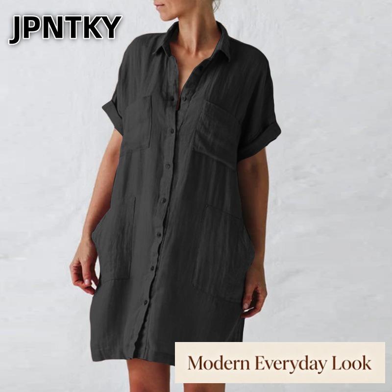 JPNTKY Fashion Summer Spring Solid Color Print POLO Neck Short Sleeve Casual Dresses