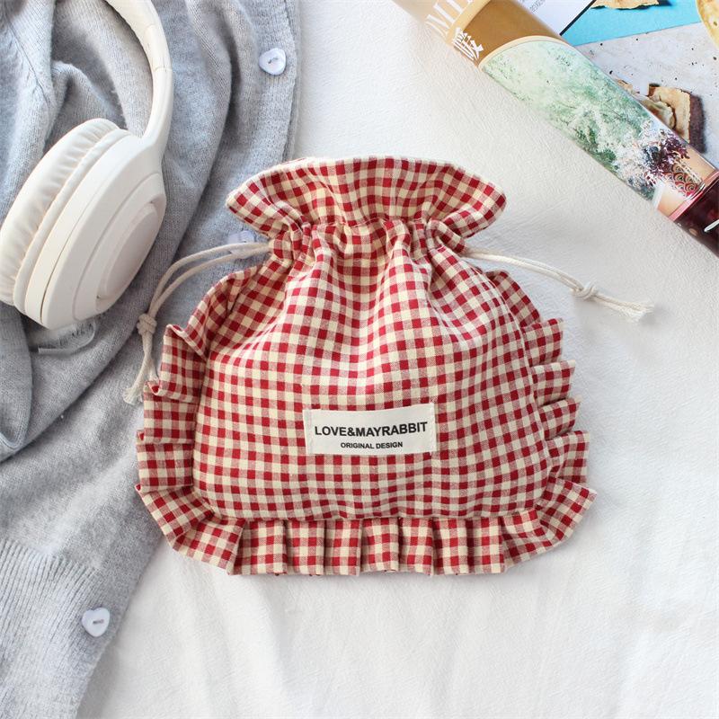 Korean Ins Style Plaid Drawstring Bag with Ruffle Edge Travel Makeup Organizer Jewelry Storage Pouch